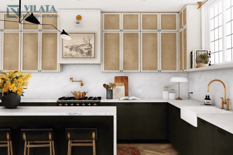 Tủ bếp cánh mây nhựa acrylic kết hợp cùng đảo bếp rộng rãi